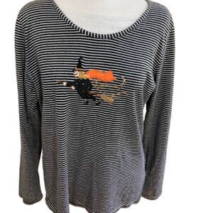 Halloween LS Tee Shirt Black and White Stripes Embroidered Flying Witch, Large